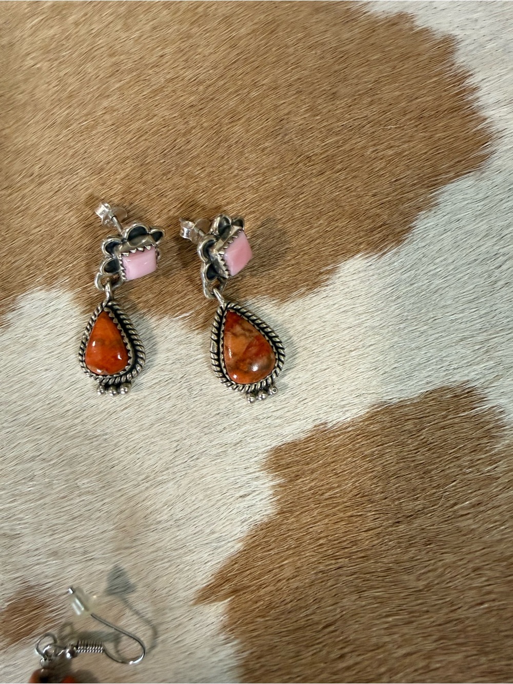 Handcrafted Silver Teardrop Earrings with Orange Stone and Pink Accent